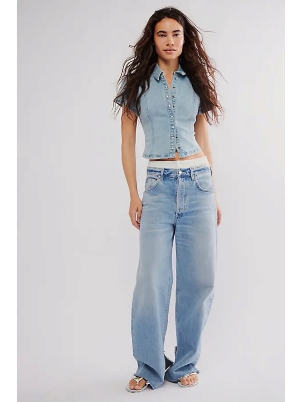 Free People Western Bohemian Pearl Snap Midnight Rider Denim Baby Shirt XS - Picture 12 of 12